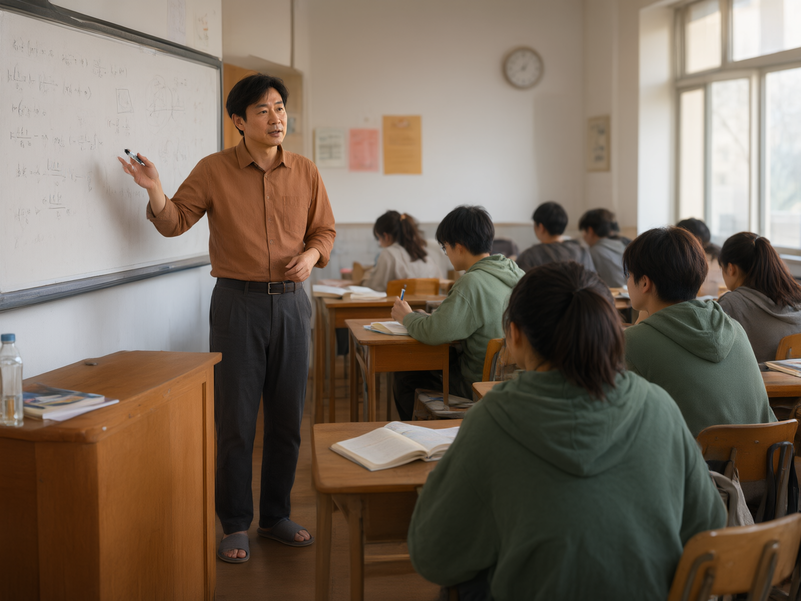 教师站在白板前讲解，面向坐在课桌前的学生
